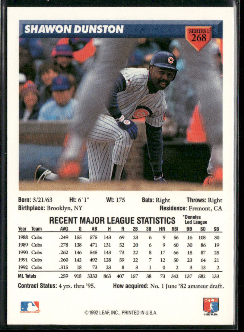 Shawon Dunston 1993 Donruss #268 Chicago Cubs back