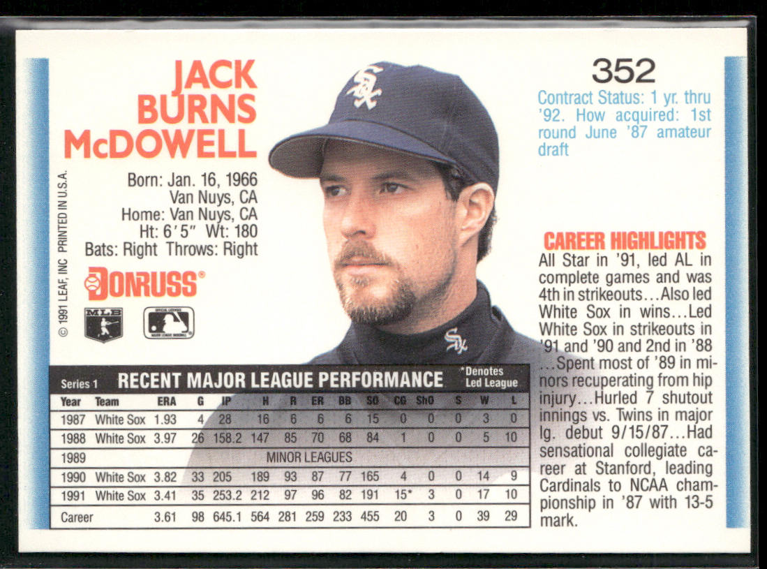 Jack McDowell 1992 Donruss #352 Chicago White Sox back