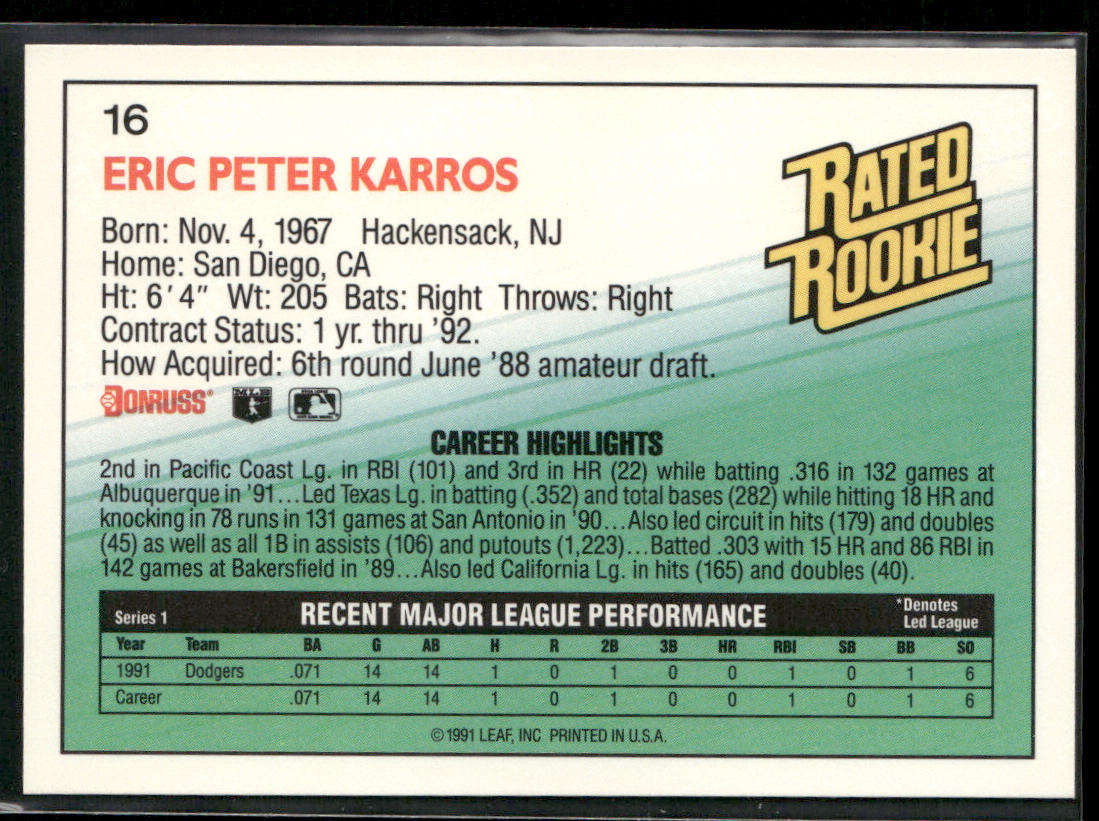 Eric Karros 1992 Donruss #16 Los Angeles Dodgers back