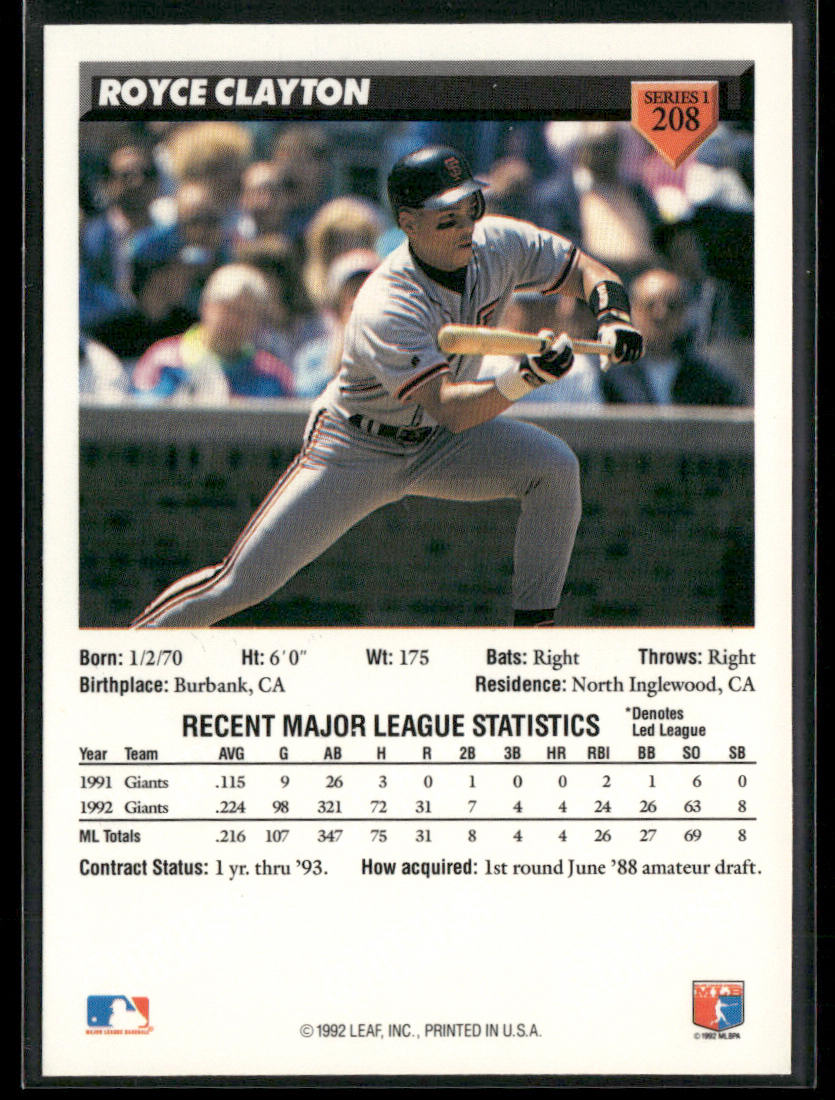 Royce Clayton 1993 Donruss #208 San Francisco Giants back