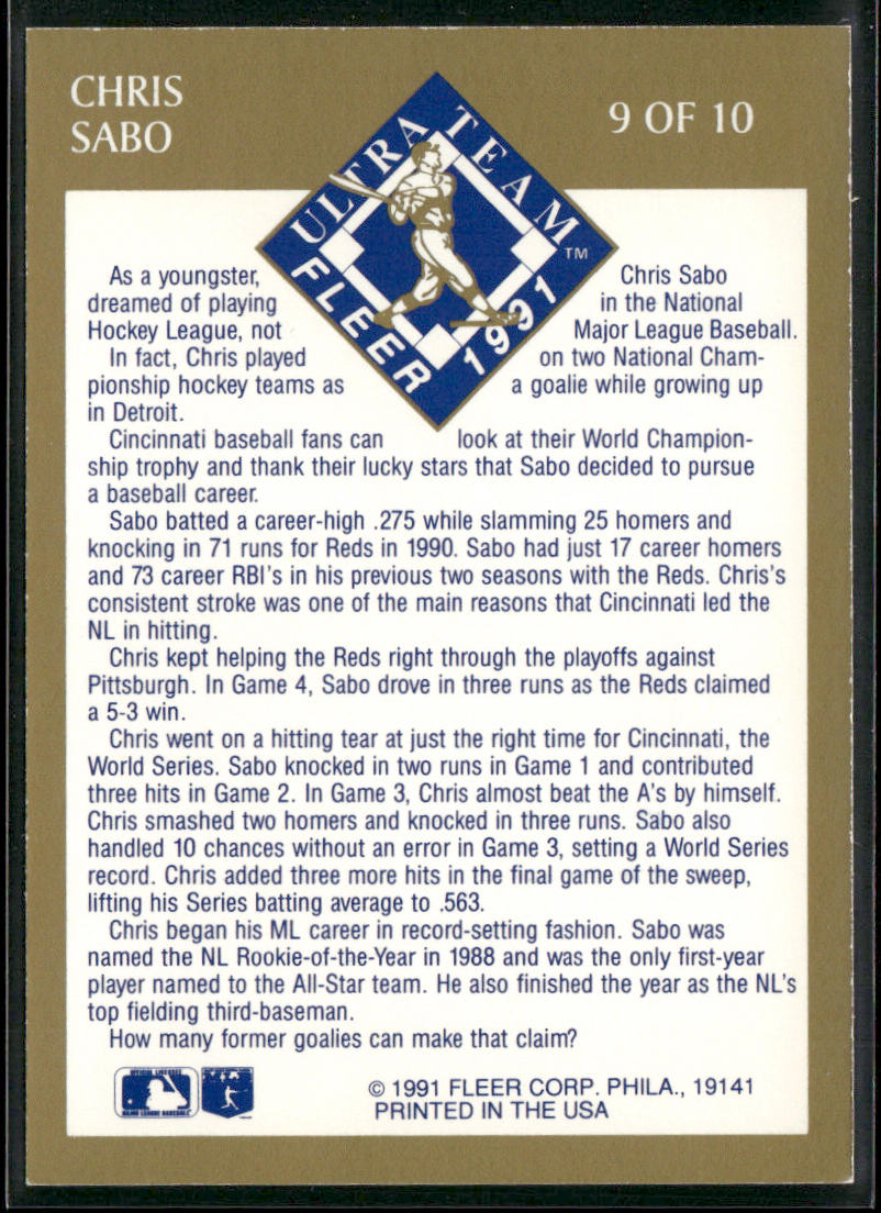 Chris Sabo 1991 Ultra Ultra Team (Ultra Gold) #9 Cincinnati Reds