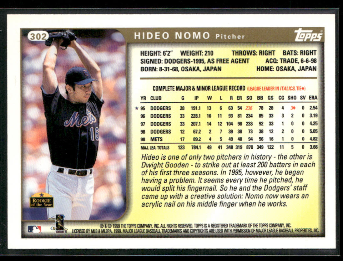 Hideo Nomo 1999 Topps #302 New York Mets