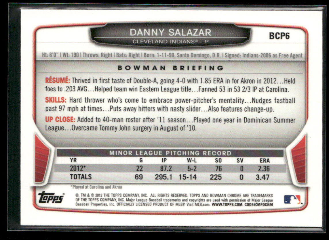 Danny Salazar 2013 Bowman Chrome Prospects #BCP6 Cleveland Indians