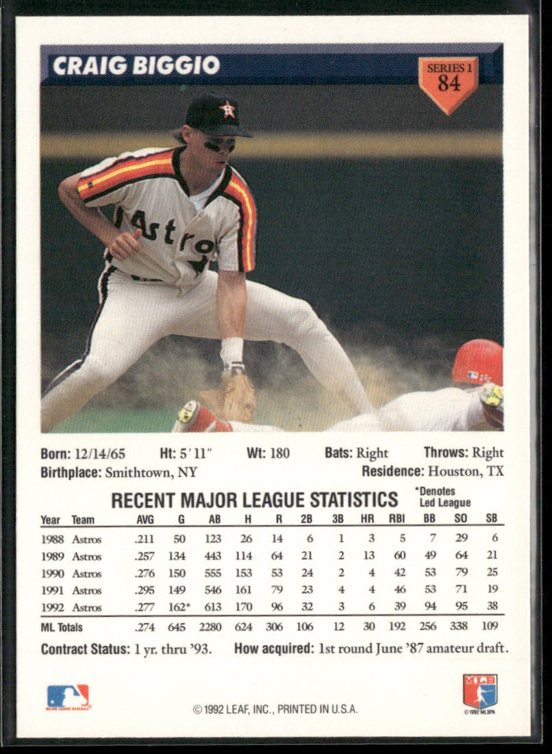 Craig Biggio 1993 Donruss #84 Houston Astros back