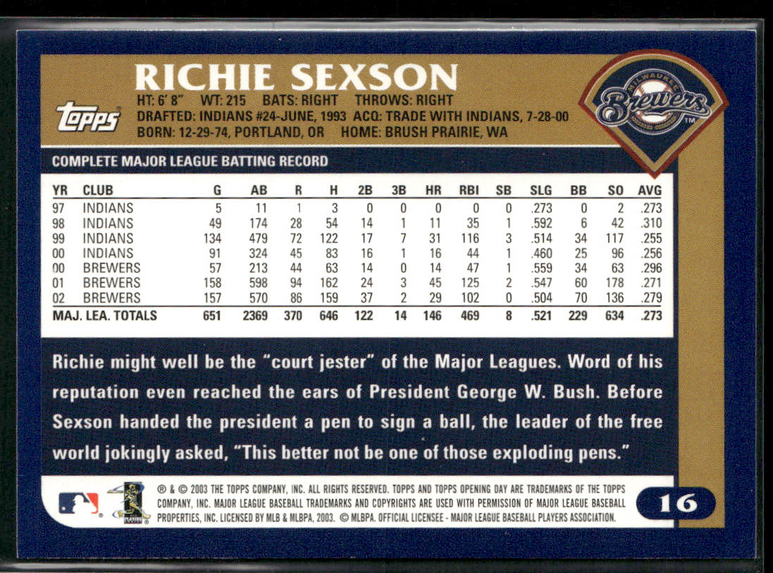 Richie Sexson 2003 Topps Opening Day #16 Milwaukee Brewers