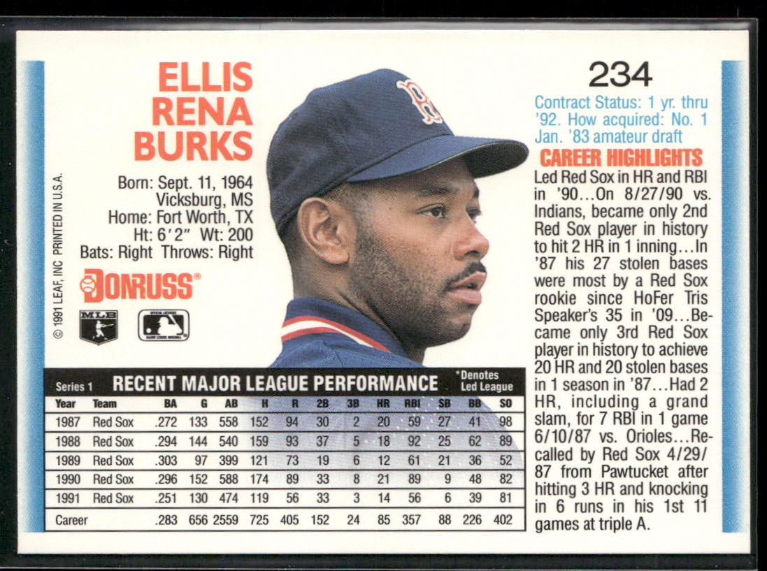 Ellis Burks 1992 Donruss #234 Boston Red Sox back