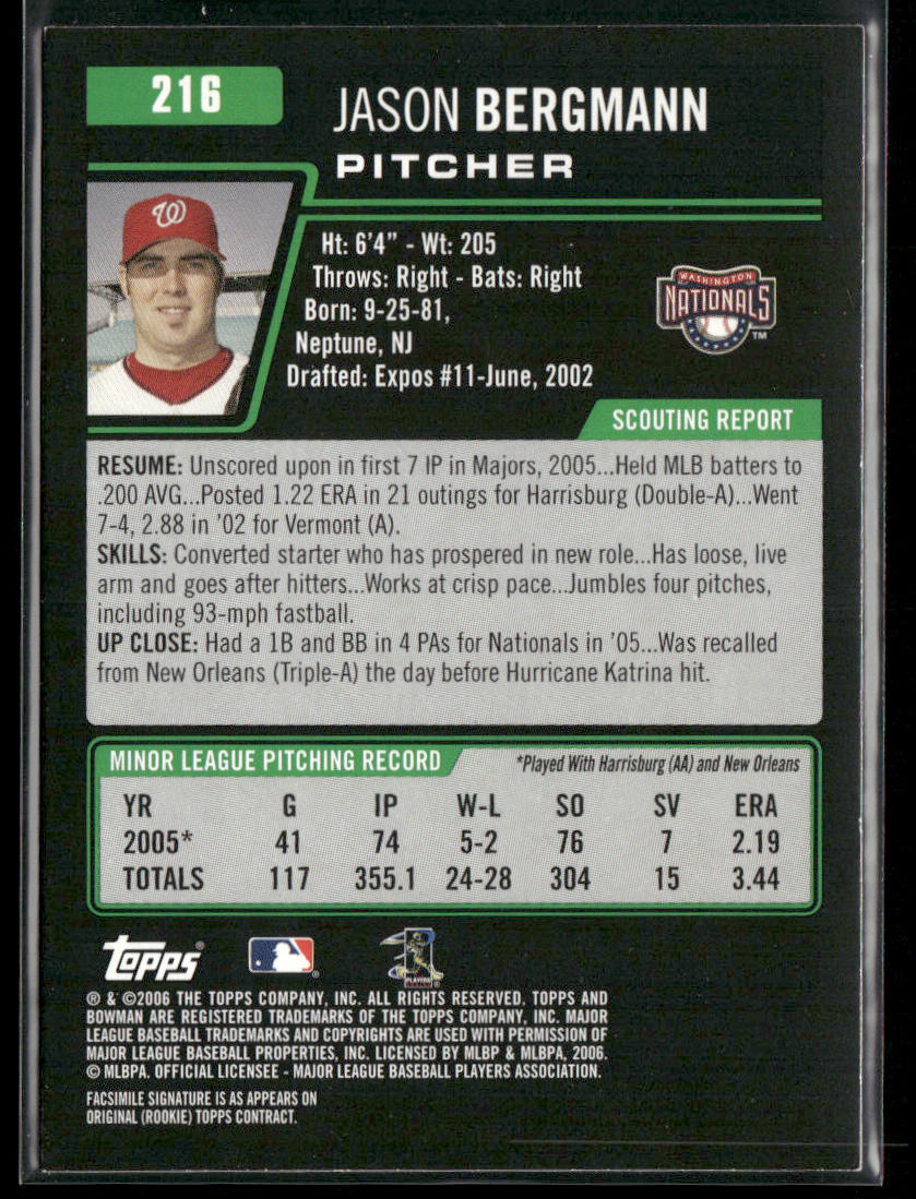 Jason Bergmann 2006 Bowman #216 RC Washington Nationals