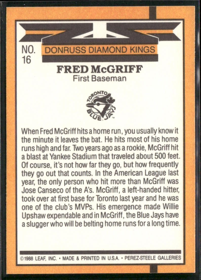 Fred McGriff 1989 Donruss #16 Toronto Blue Jays