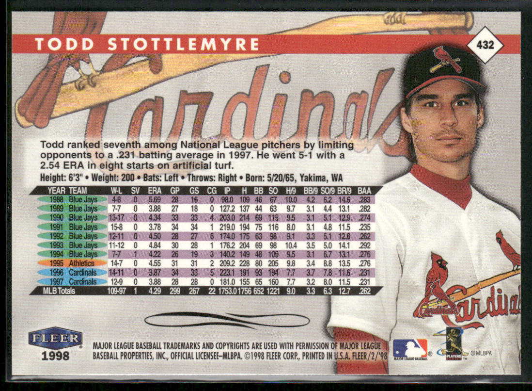 Todd Stottlemyre 1998 Fleer Tradition #432 St. Louis Cardinals