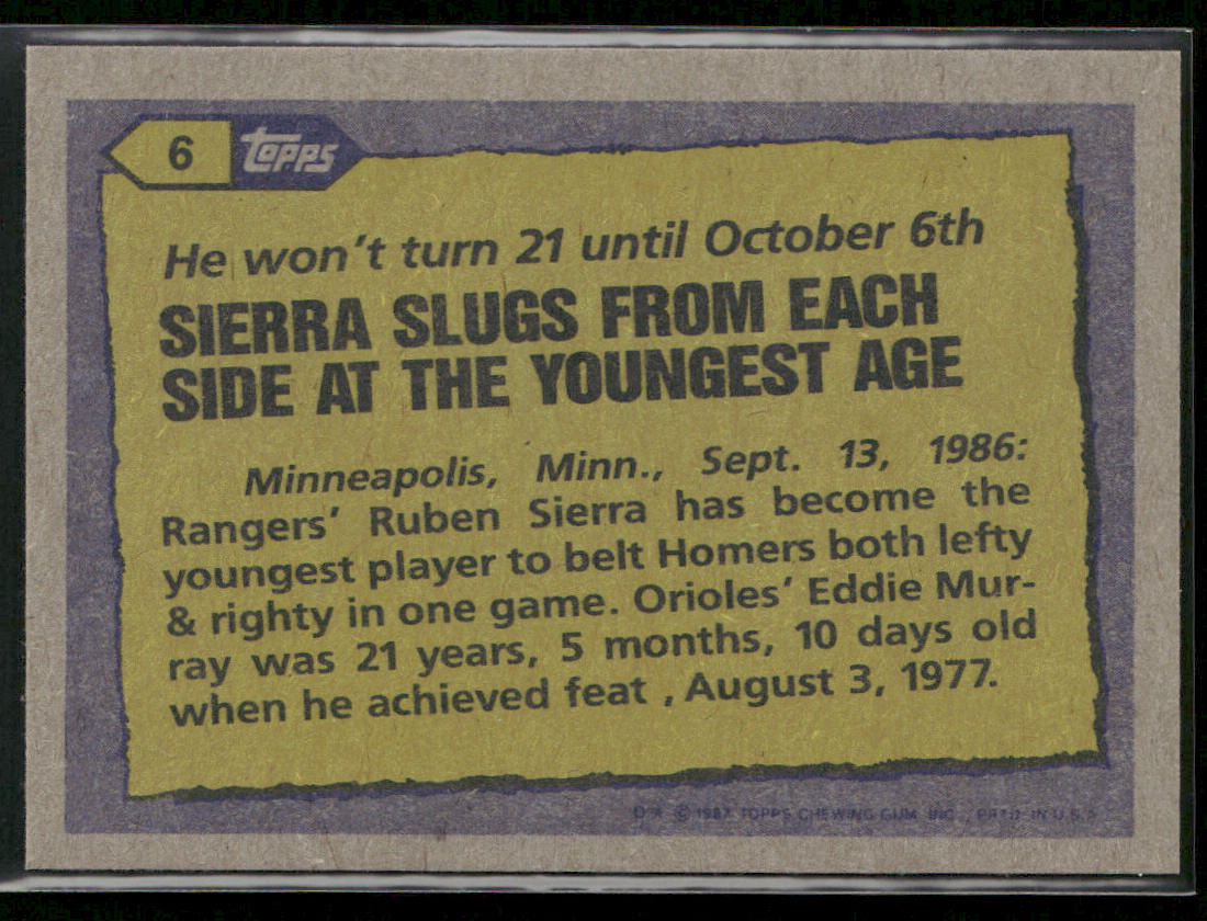 Ruben Sierra 1987 Topps #6 Texas Rangers