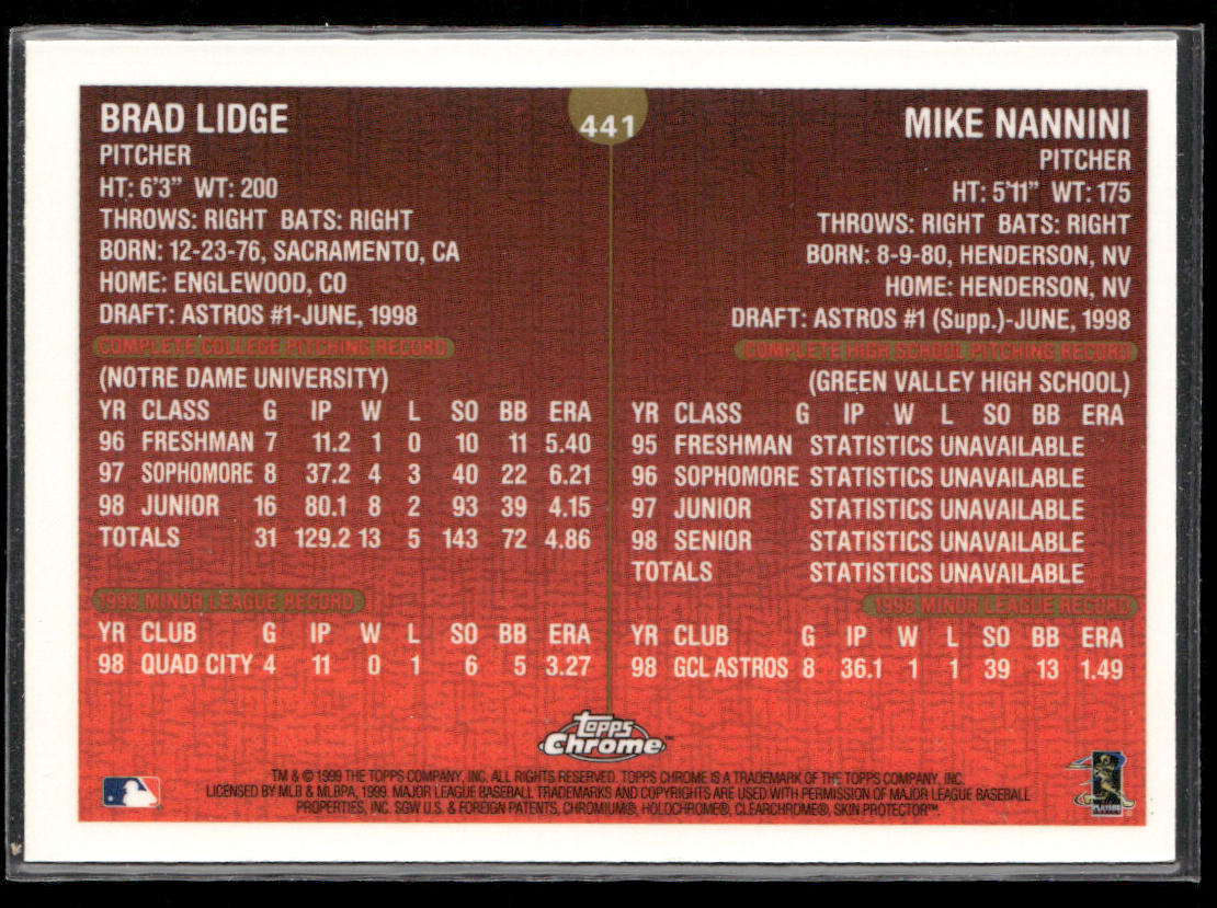 Brad Lidge / Mike Nannini DPK, RC 1999 Topps Chrome #441 RC Houston Astros