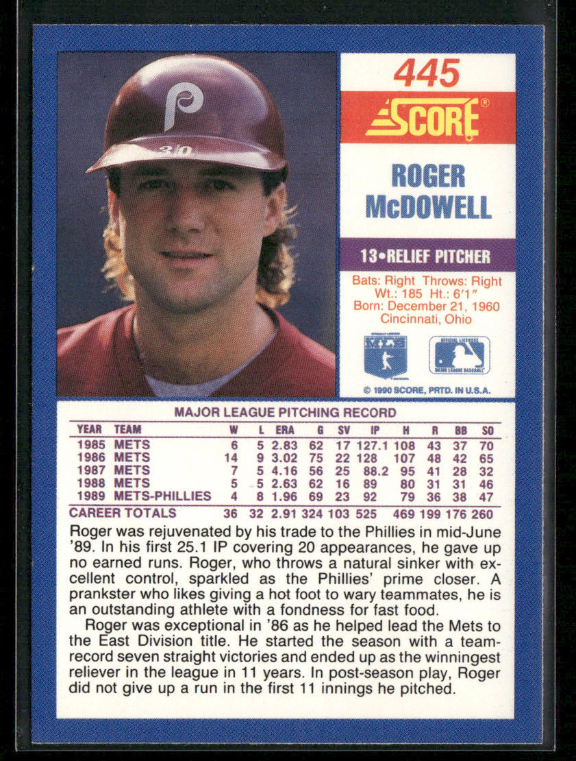 Roger McDowell 1990 Score #445 Philadelphia Phillies
