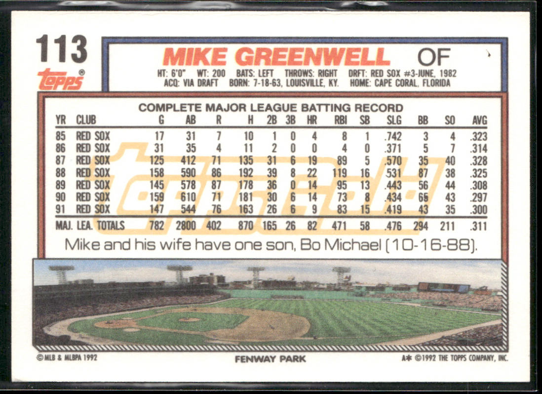 Mike Greenwell 1992 Topps Gold Winners #113 Boston Red Sox