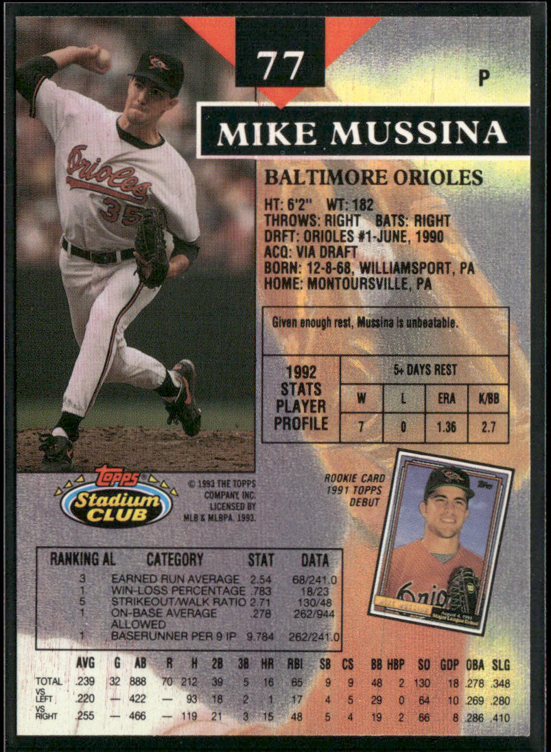 Mike Mussina 1993 Stadium Club #77 Baltimore Orioles