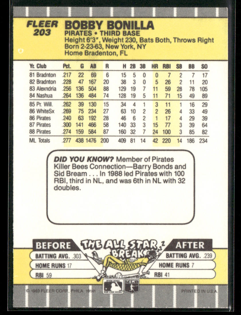 Bobby Bonilla 1989 Fleer #203 Pittsburgh Pirates