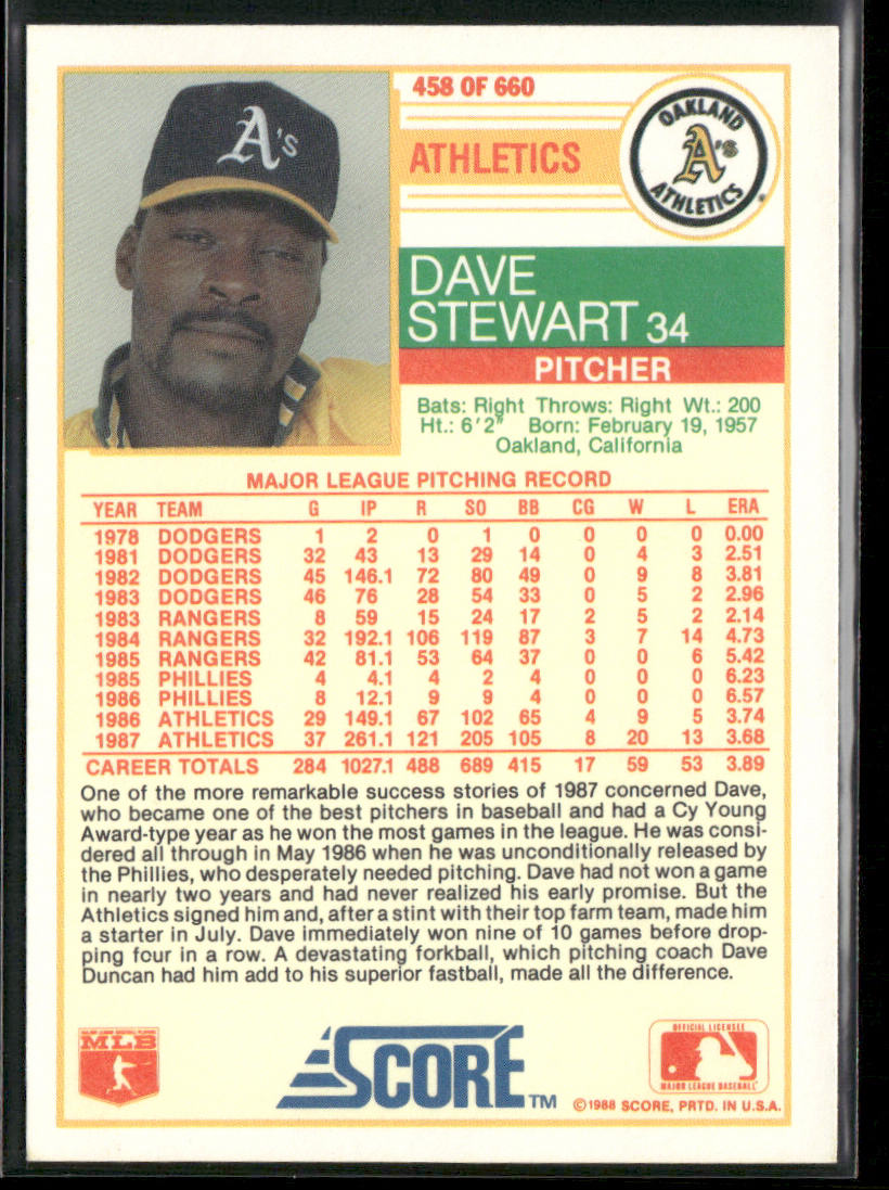 Dave Stewart 1988 Score #458 Oakland Athletics