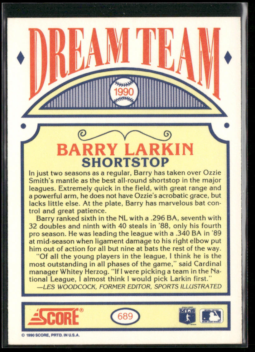 Barry Larkin 1990 Score #689 Cincinnati Reds