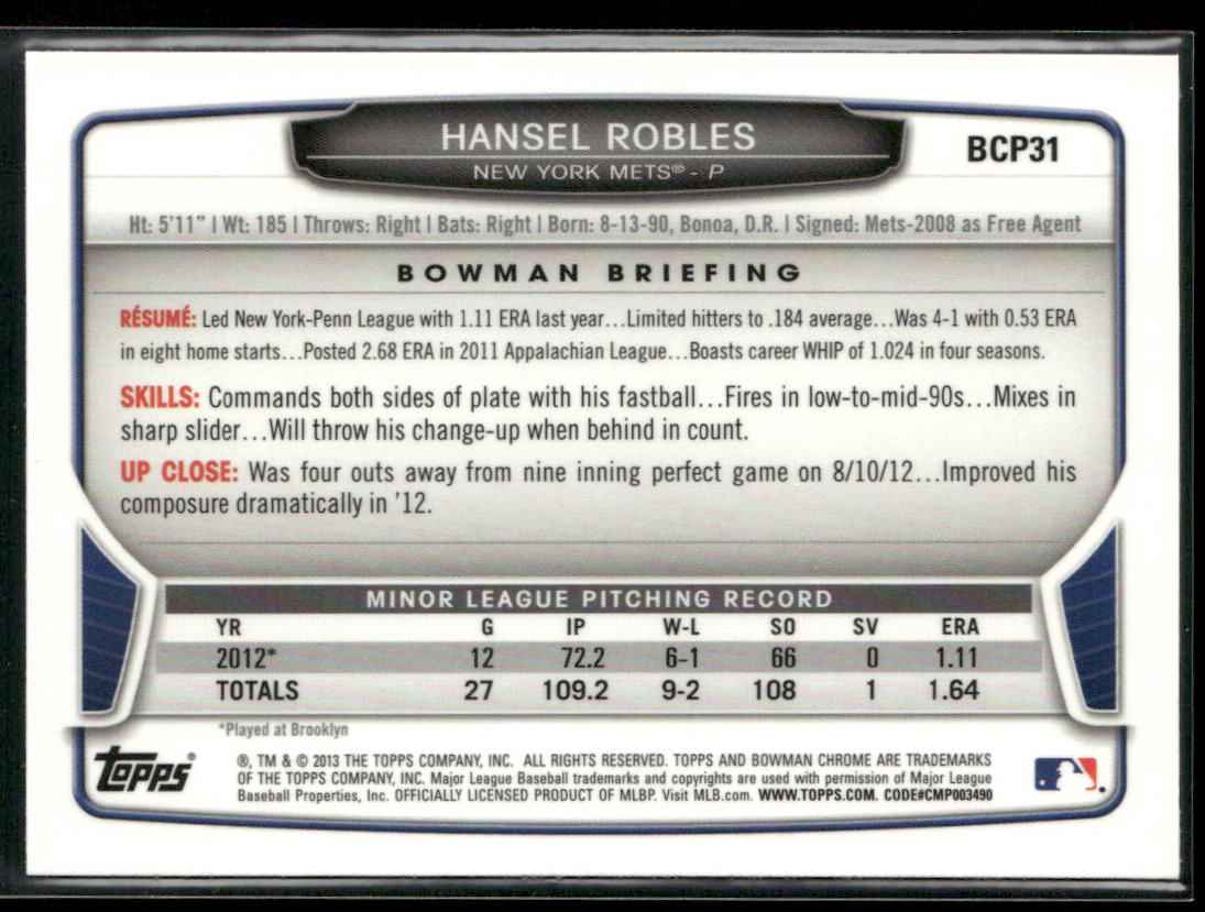 Hansel Robles 2013 Bowman Chrome Prospects #BCP31 New York Mets