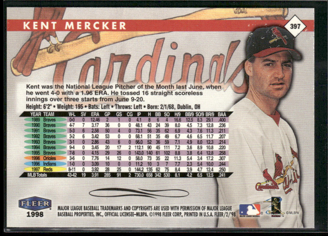 Kent Mercker 1998 Fleer Tradition #397 St. Louis Cardinals