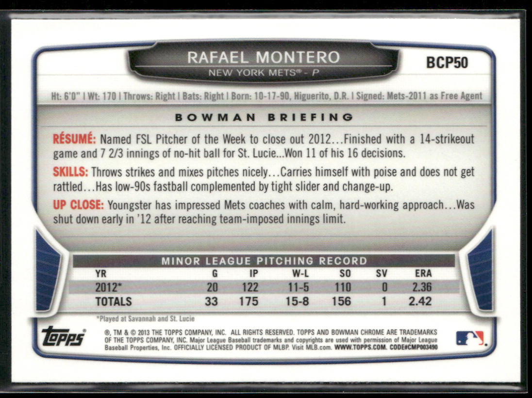 Rafael Montero 2013 Bowman Chrome Prospects #BCP50 New York Mets