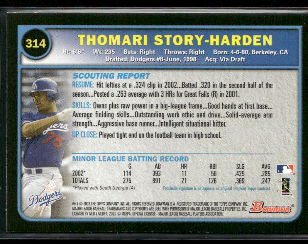 Thomari Story-Harden 2003 Bowman Gold #314 RC Los Angeles Dodgers