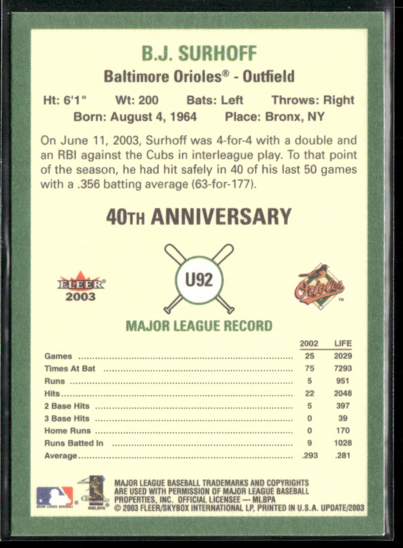 B.J. Surhoff 2003 Fleer Tradition Update #U92 Baltimore Orioles