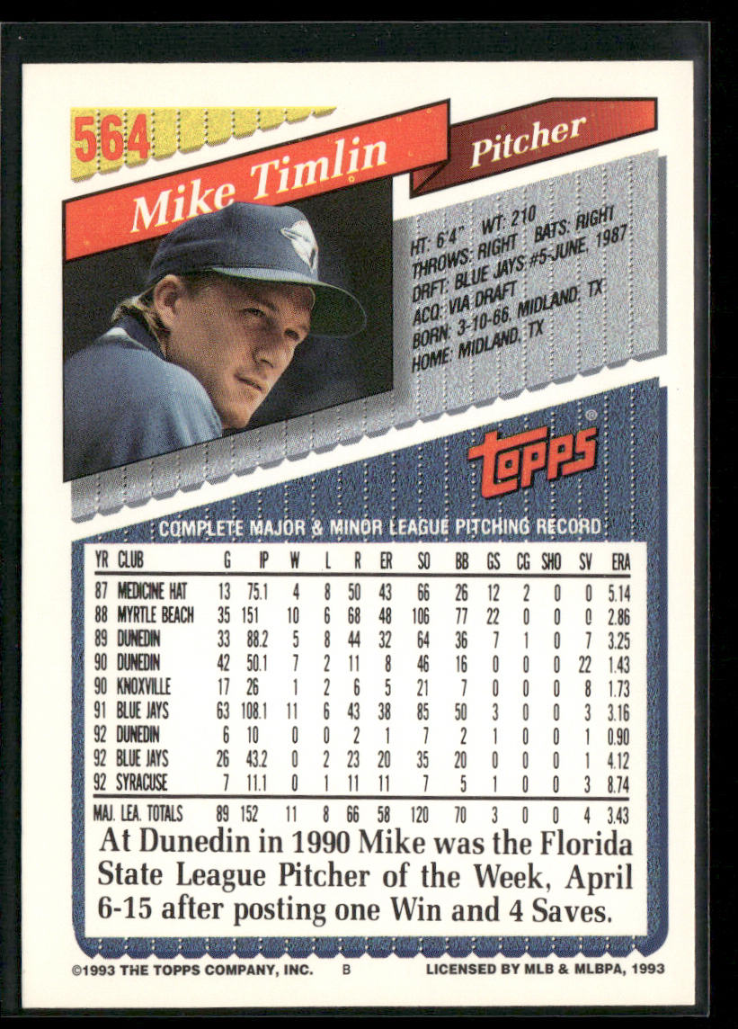 Mike Timlin 1993 Topps #564 Toronto Blue Jays