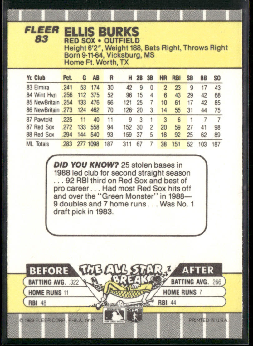 Ellis Burks 1989 Fleer #83 Boston Red Sox