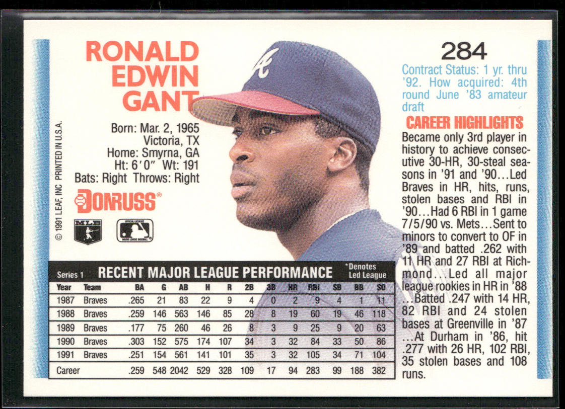 Ron Gant 1992 Donruss #284b Atlanta Braves