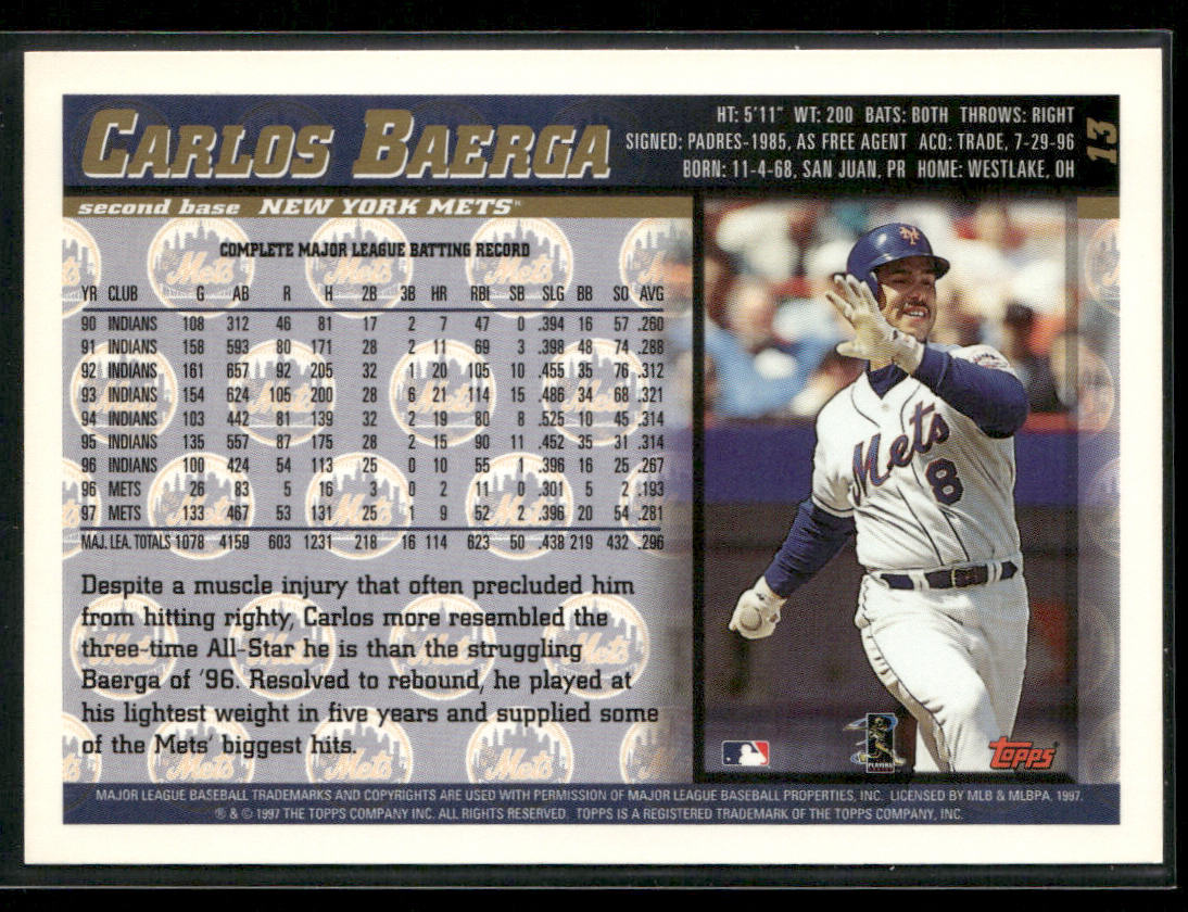 Carlos Baerga 1998 Topps #13 New York Mets