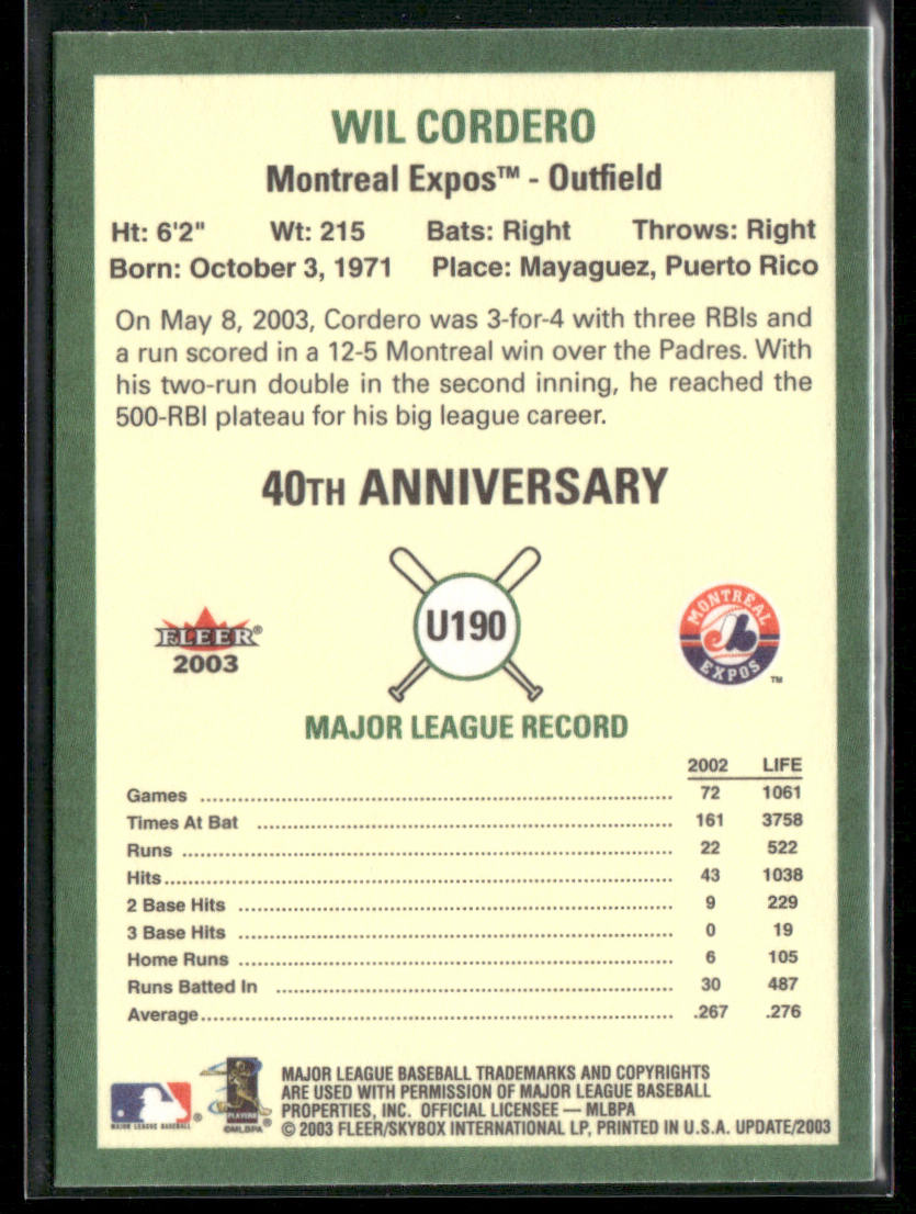 Wil Cordero 2003 Fleer Tradition Update #U190 Montreal Expos
