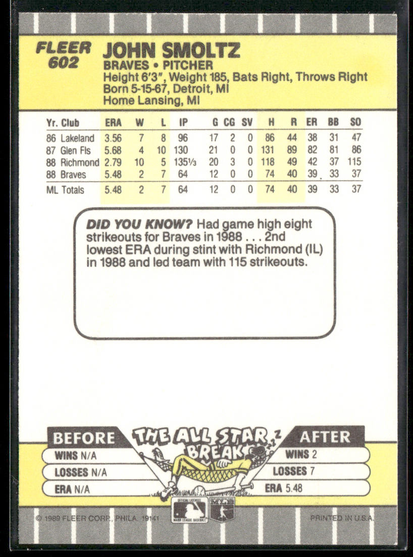 John Smoltz 1989 Fleer #602 RC Atlanta Braves