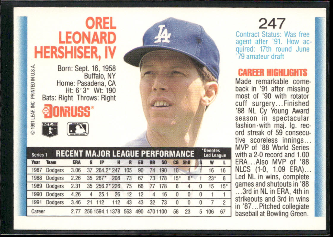 Orel Hershiser 1992 Donruss #247 Los Angeles Dodgers