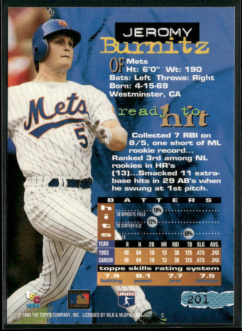 Jeromy Burnitz 1994 Stadium Club #201 New York Mets
