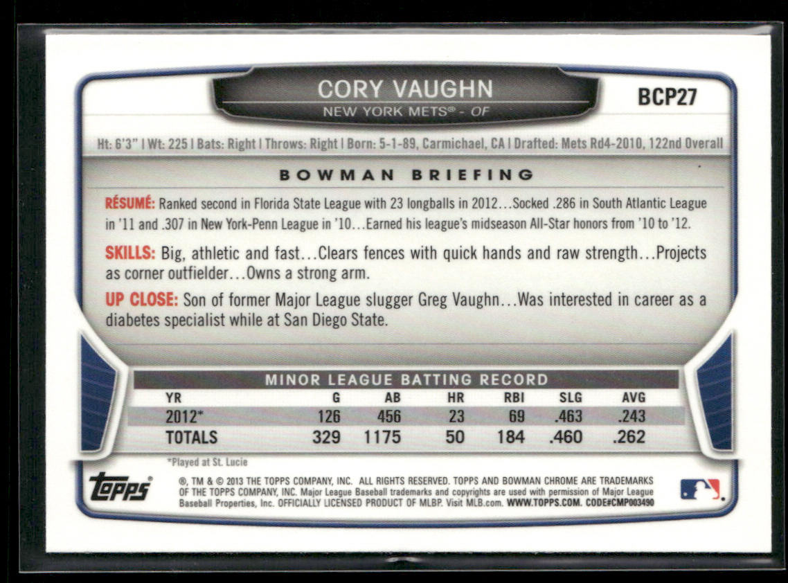 Cory Vaughn 2013 Bowman Chrome Prospects #BCP27 New York Mets