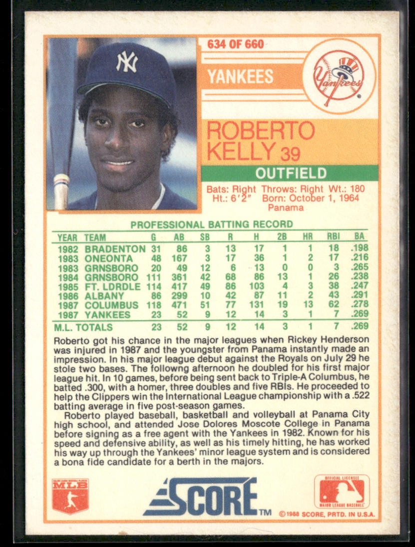 Roberto Kelly 1988 Score #634 RC New York Yankees