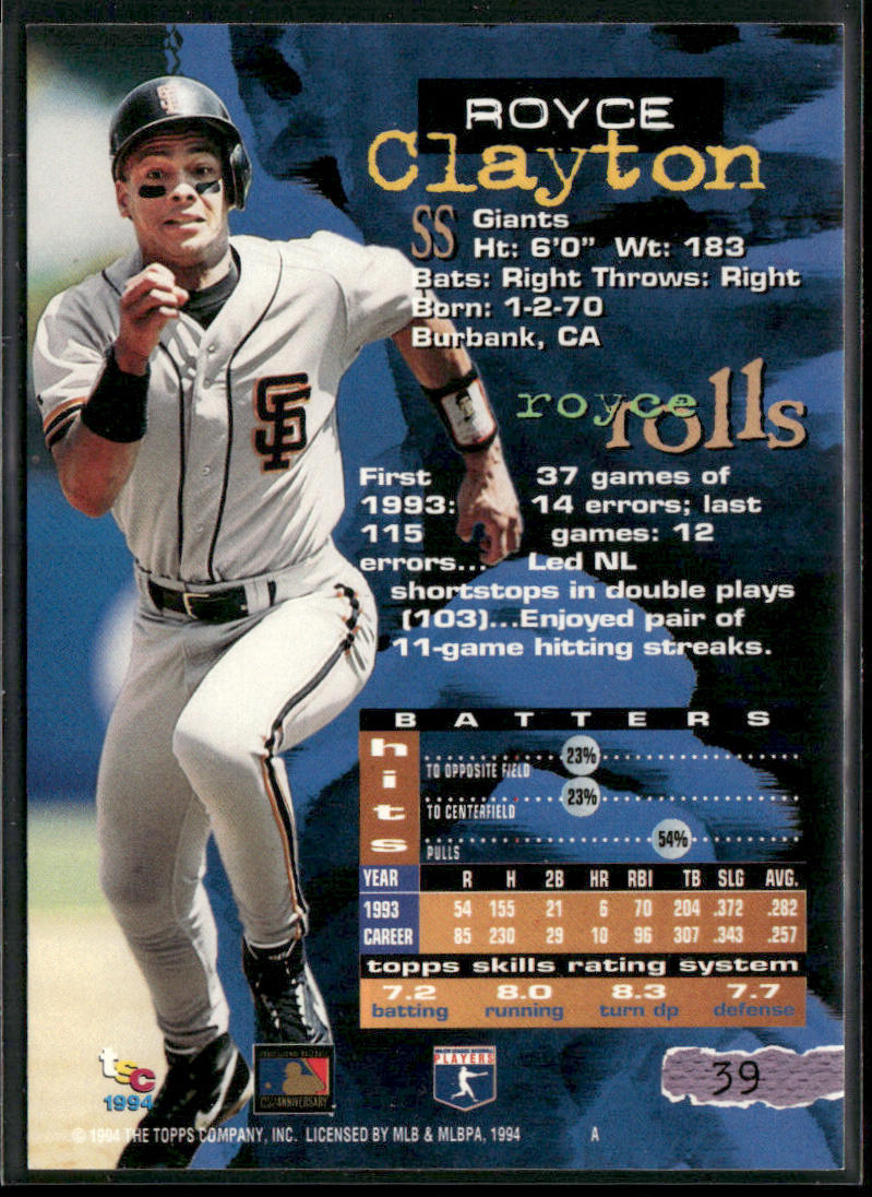 Royce Clayton 1994 Stadium Club #39 San Francisco Giants