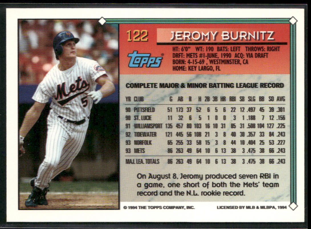 Jeromy Burnitz 1994 Topps #122b New York Mets