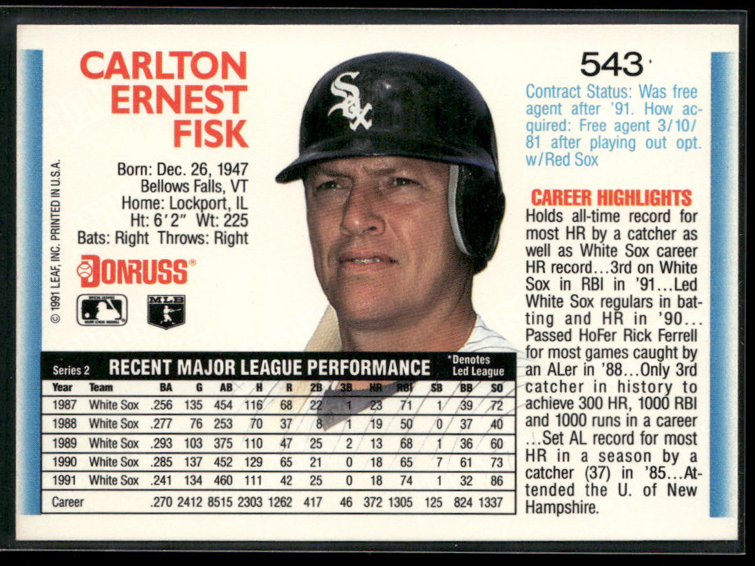 Carlton Fisk 1992 Donruss #543b Chicago White Sox