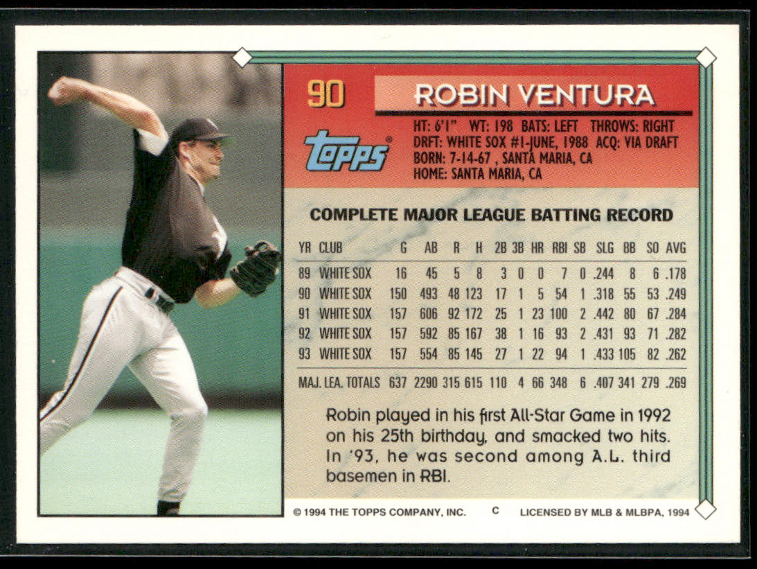 Robin Ventura 1994 Topps #90 Chicago White Sox