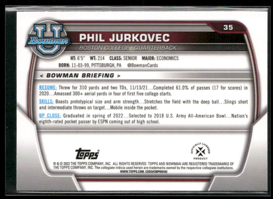 Phil Jurkovec 2022 Bowman University Chrome #35 Boston College Eagles