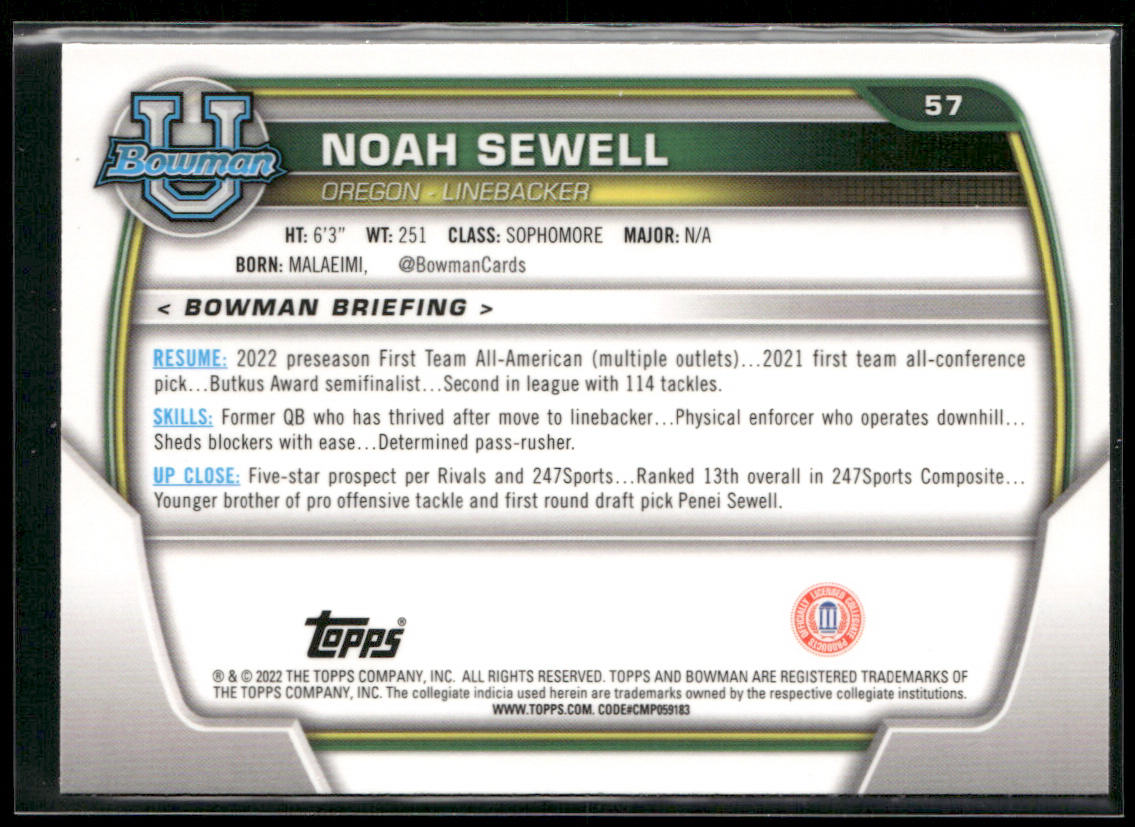Noah Sewell 2022 Bowman University Chrome #57 Oregon Ducks