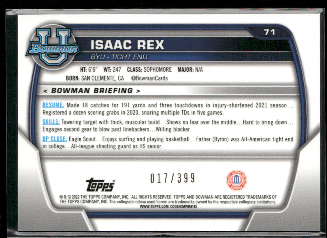 Isaac Rex 2022 Bowman University Chrome Purple Refractor #71 SN BYU Cougars