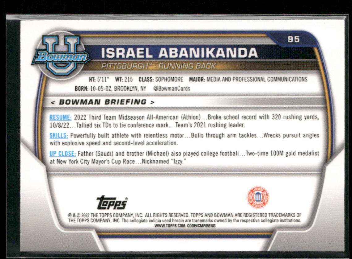 Israel Abanikanda 2022 Bowman University Chrome #95 Pittsburgh Panthers