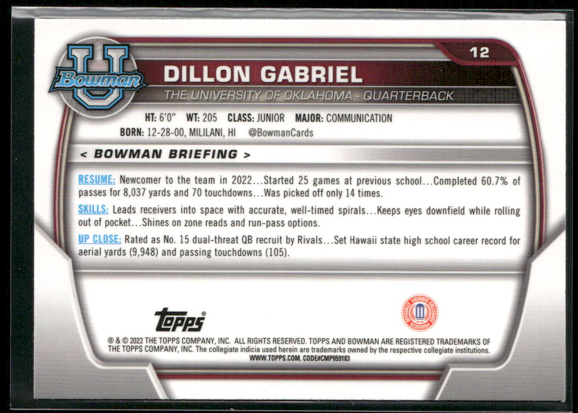 Dillon Gabriel 2022 Bowman University Chrome Pink Refractor #12 Oklahoma Sooners