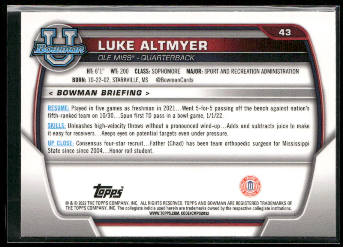 Luke Altmyer 2022 Bowman University Chrome Refractor #43 Ole Miss Rebels