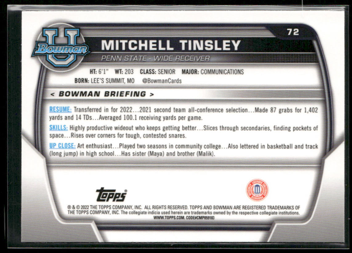 Mitchell Tinsley 2022 Bowman University Chrome #72 Penn State Nittany Lions