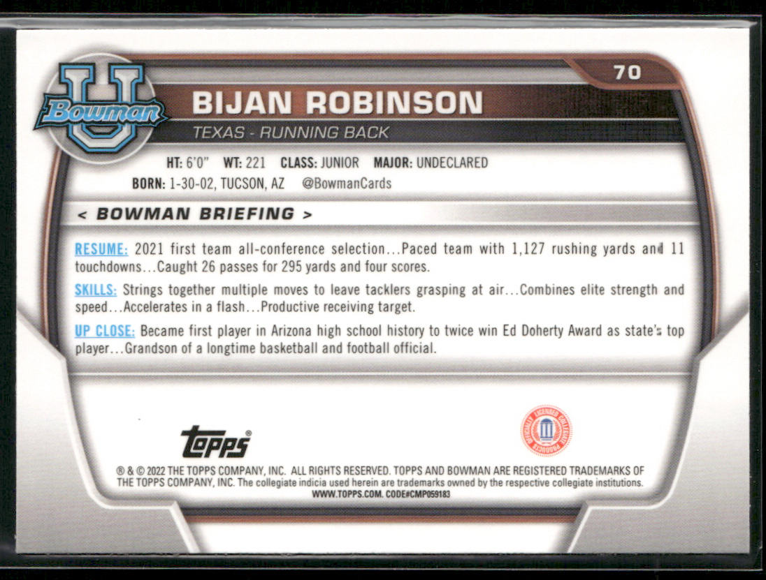 Bijan Robinson 2022 Bowman University Chrome #70 Texas Longhorns