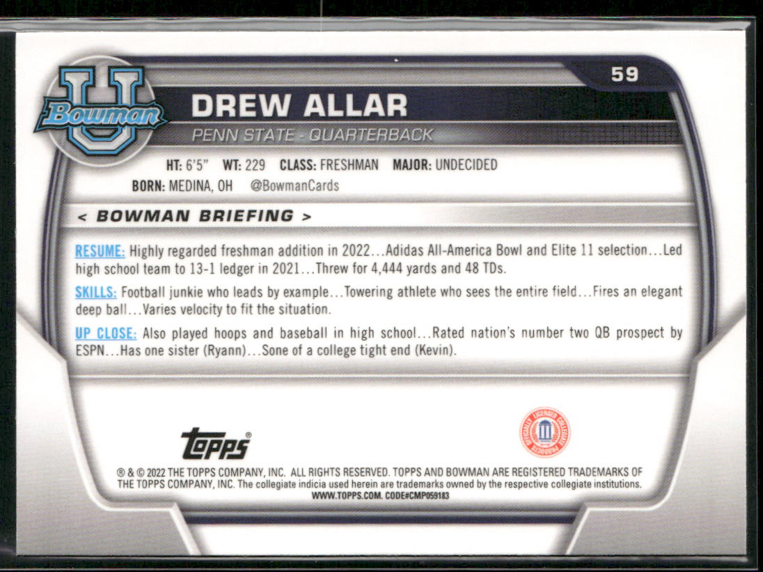 Drew Allar 2022 Bowman University Chrome #59 Penn State Nittany Lions