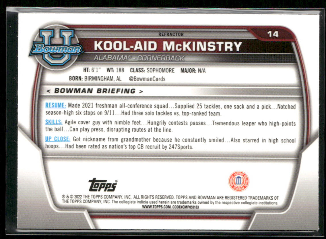Kool-Aid McKinstry 2022 Bowman University Chrome Refractor #14 Crimson Tide